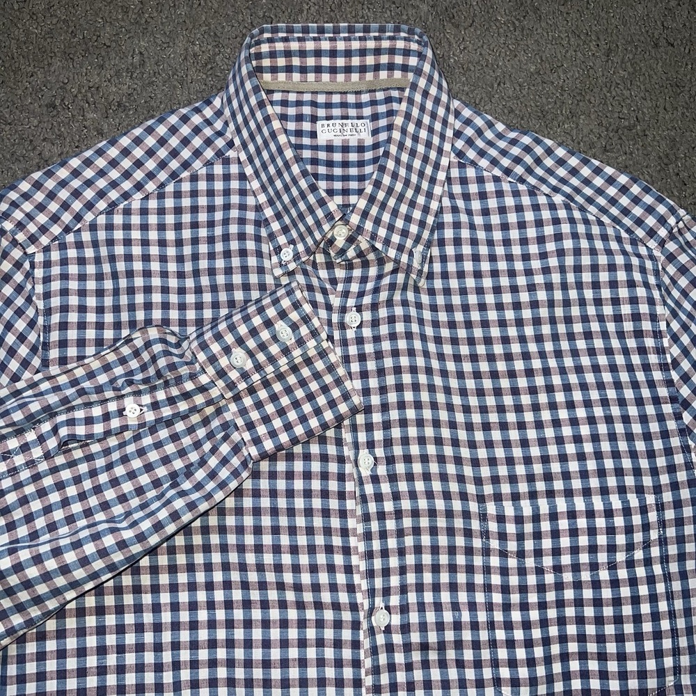 BRUNELLO CUCINELLI Men's 100% Cotton Button Down Plaid Shirt Size Large
